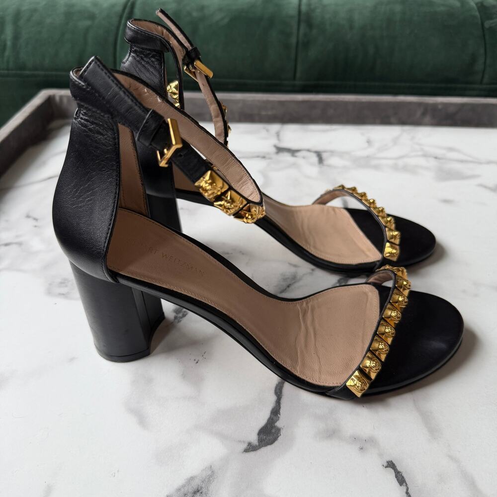 Stuart Weitzman Rosemarie Black Leather Studded Sandal Heels Size 9.5 - Picture 8 of 10